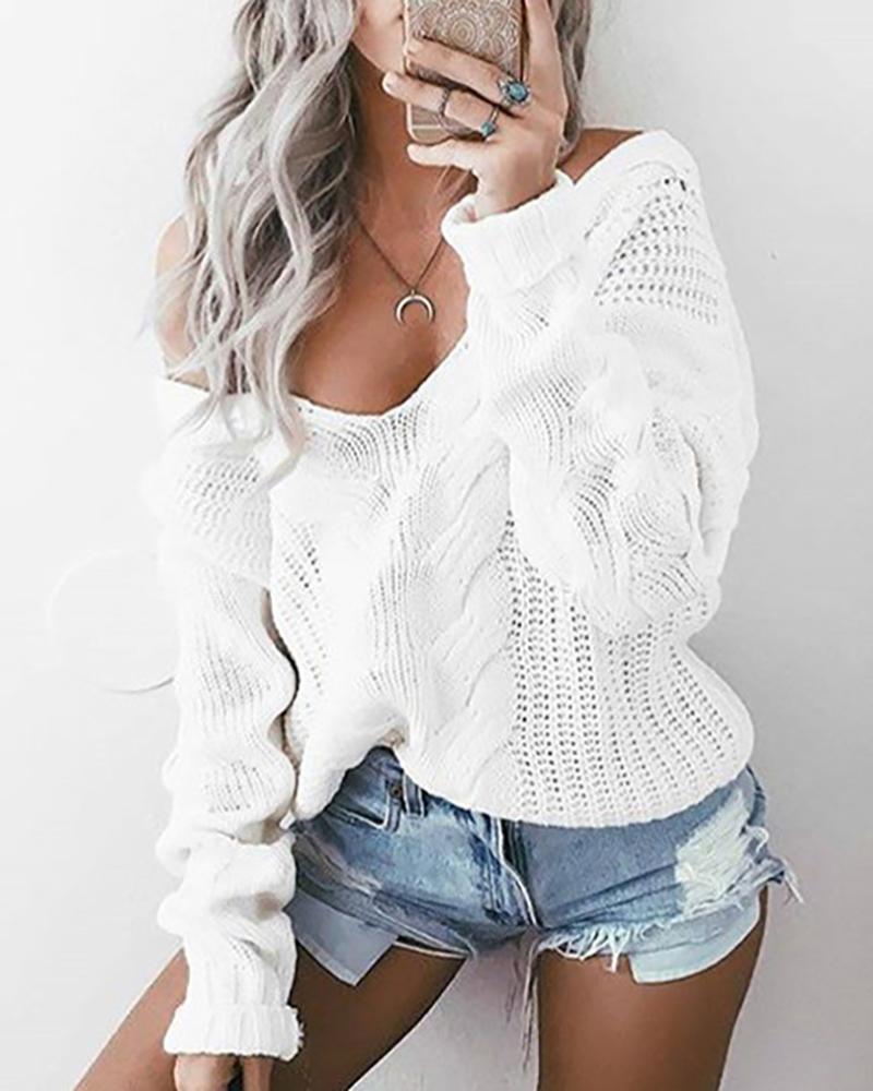 

Long Sleeve Hollow Out Knit V-Neck Sweater, White