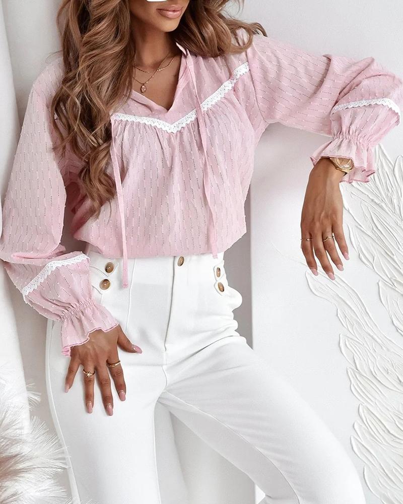 

Lace Patch Tie Neck Hollow Out Top, Pink