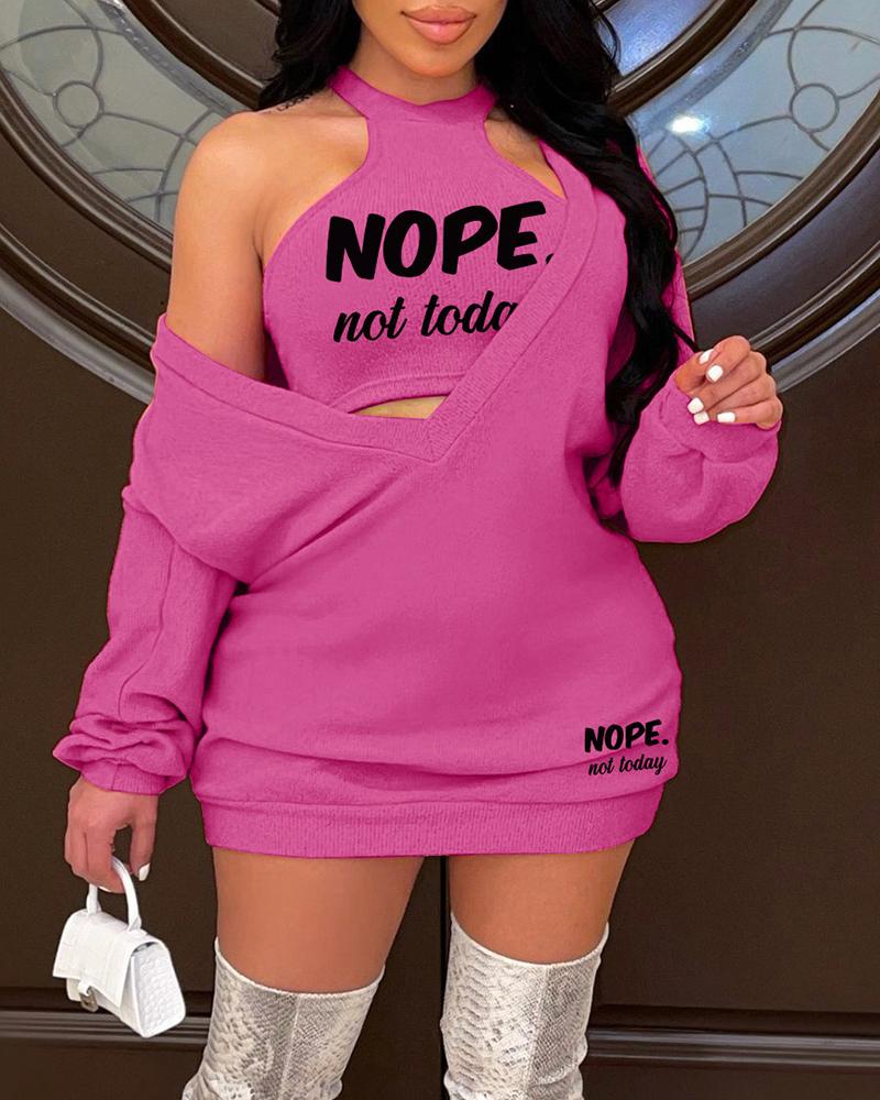 

Letter Print Tank & Long Sleeve Dress Set, Purple