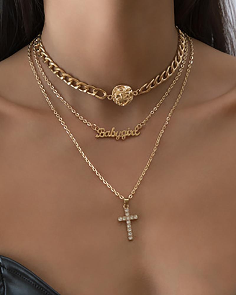 

Coin & Letter & Studded Cross Pendant Layered Necklace, Gold