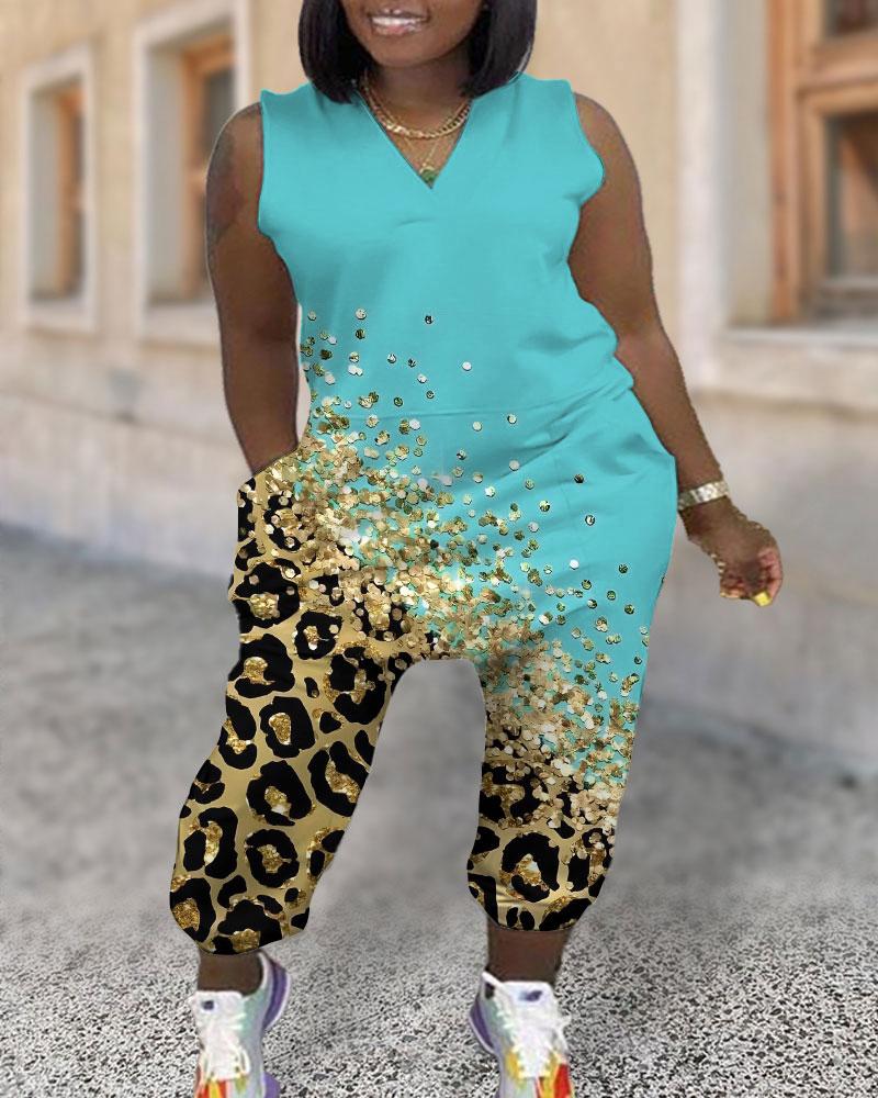 

Plus Size Comtrast Leopard Print Pocket Design Harem Jumpsuit, Blue