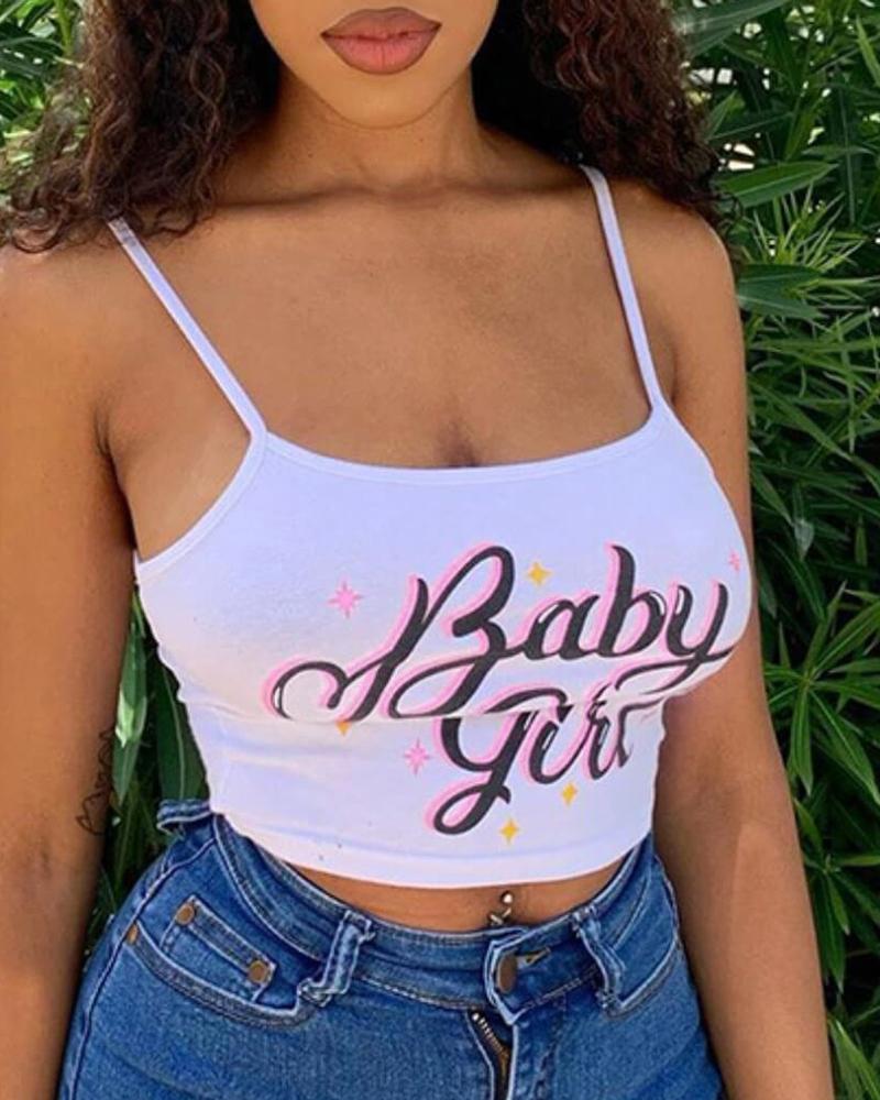 

Letter Print Spaghetti Strap Crop Top, White