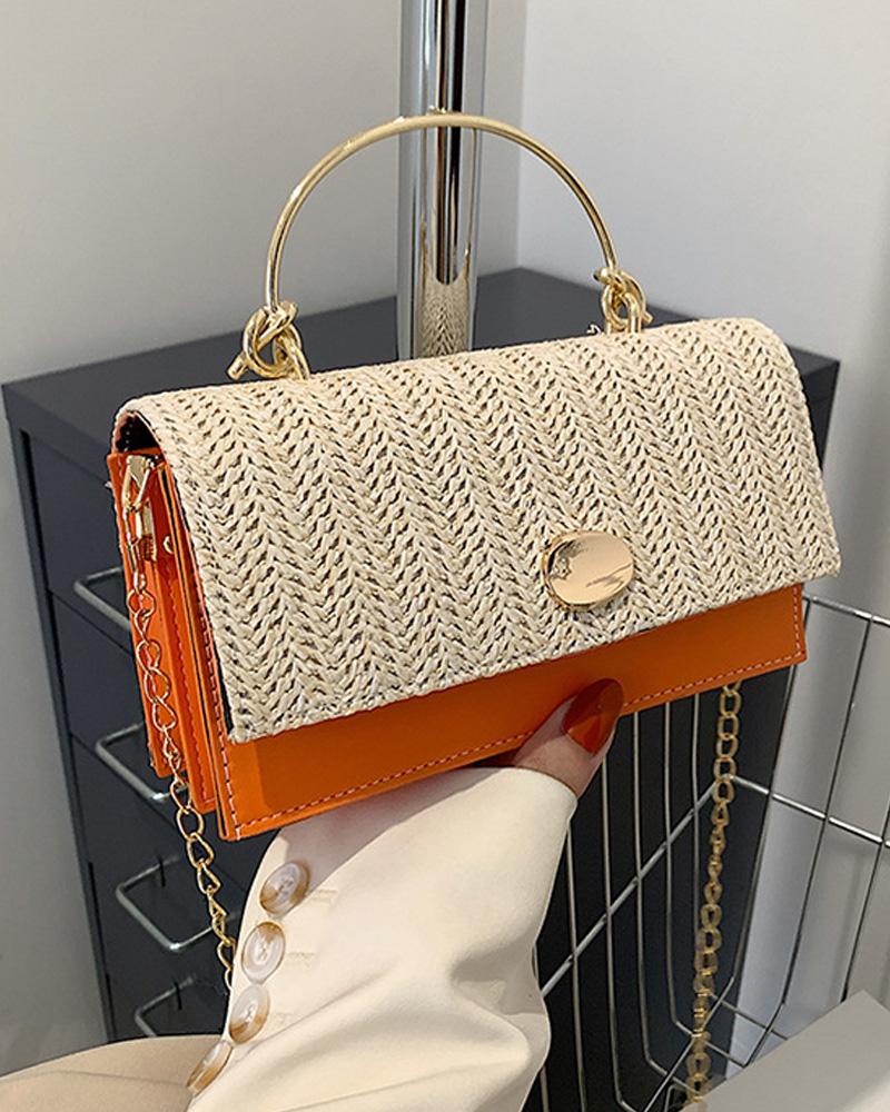 

Chain Strap Straw Flap Shoulder Bag With Handle, Orange