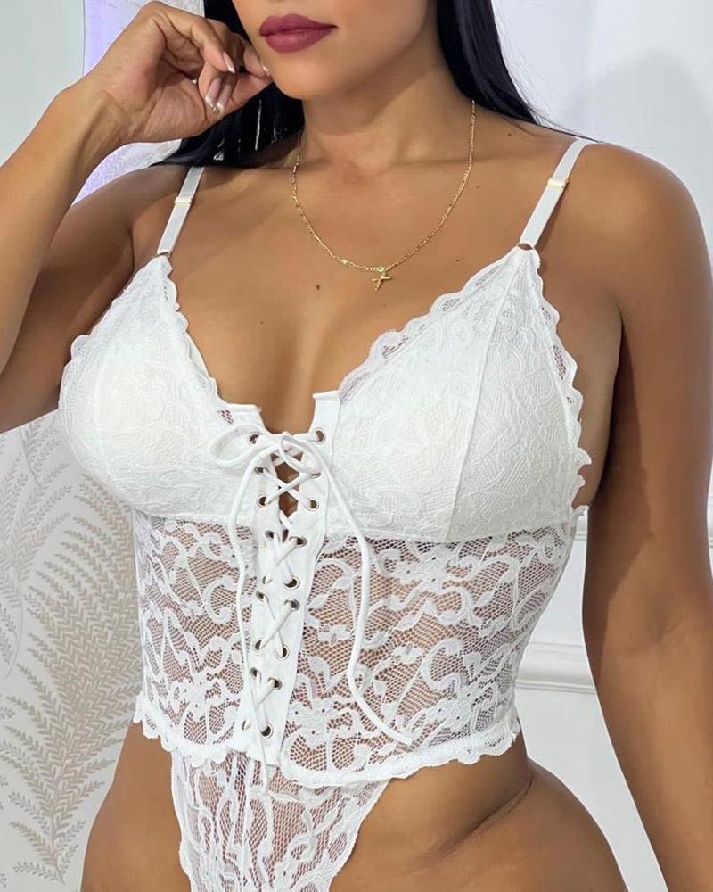 

Eyelet Lace-up Front Spaghetti Strap Bodysuit, White