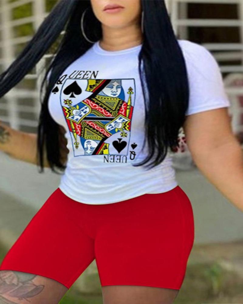 

Plus Size Poker Print Casual Top & Shorts Set, Red