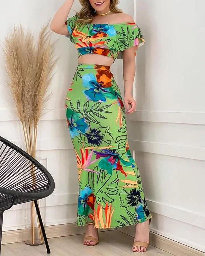 

Tropical Print Off Shoulder Ruffle Hem Crop Top & Skirt Set, Multicolor