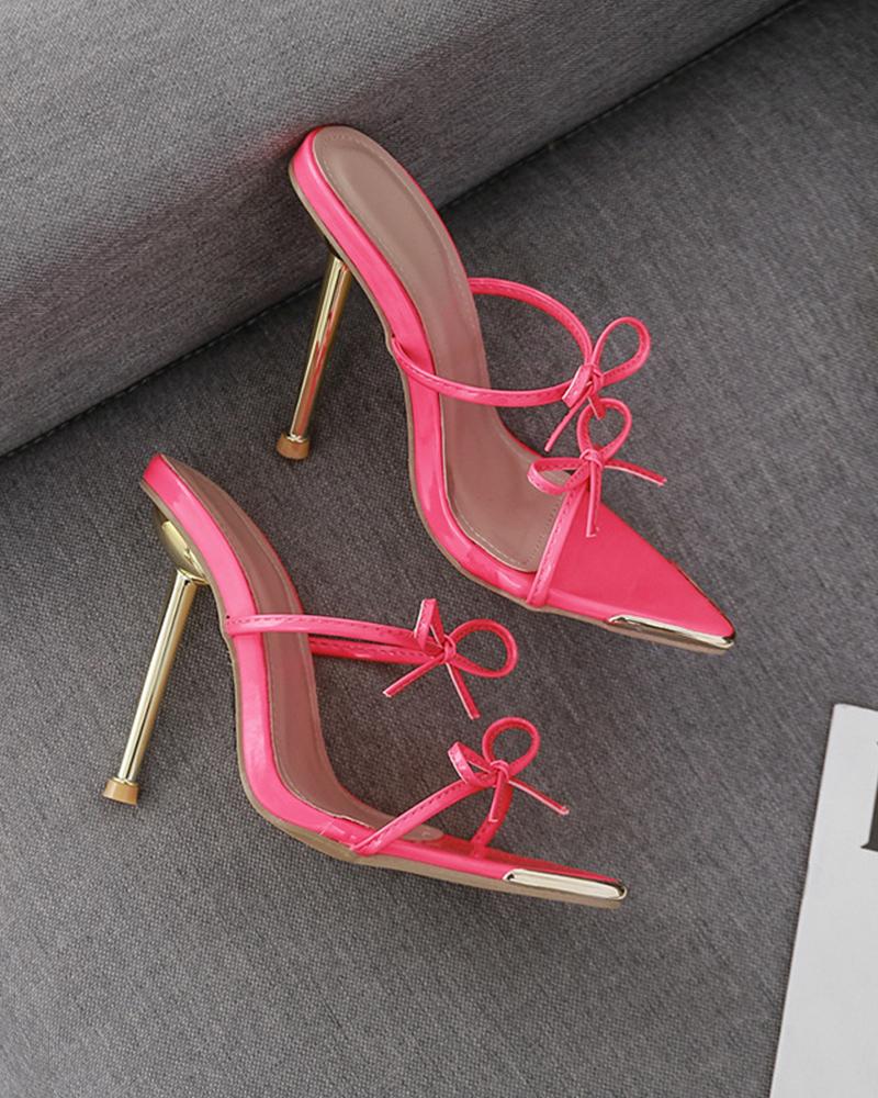 

Solid Bowknot Strap Upper Cut-out Pointed-toe High Heel Sandals, Red