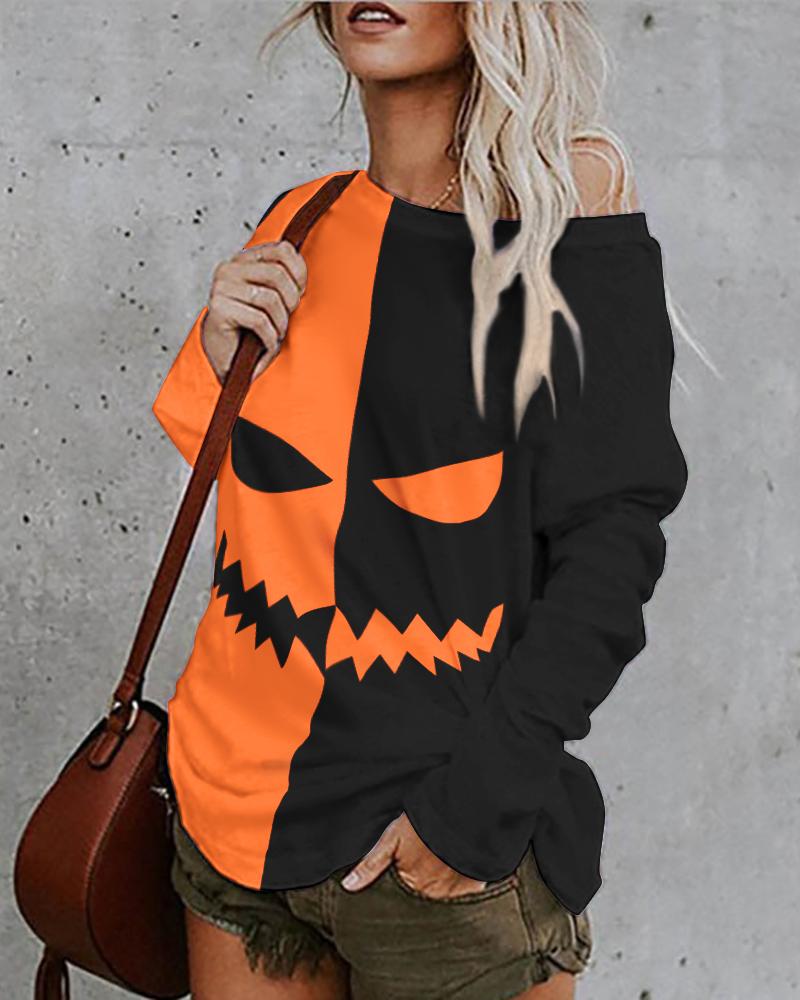 

Halloween Graphic Print Colorblock Long Sleeve Top, Orange