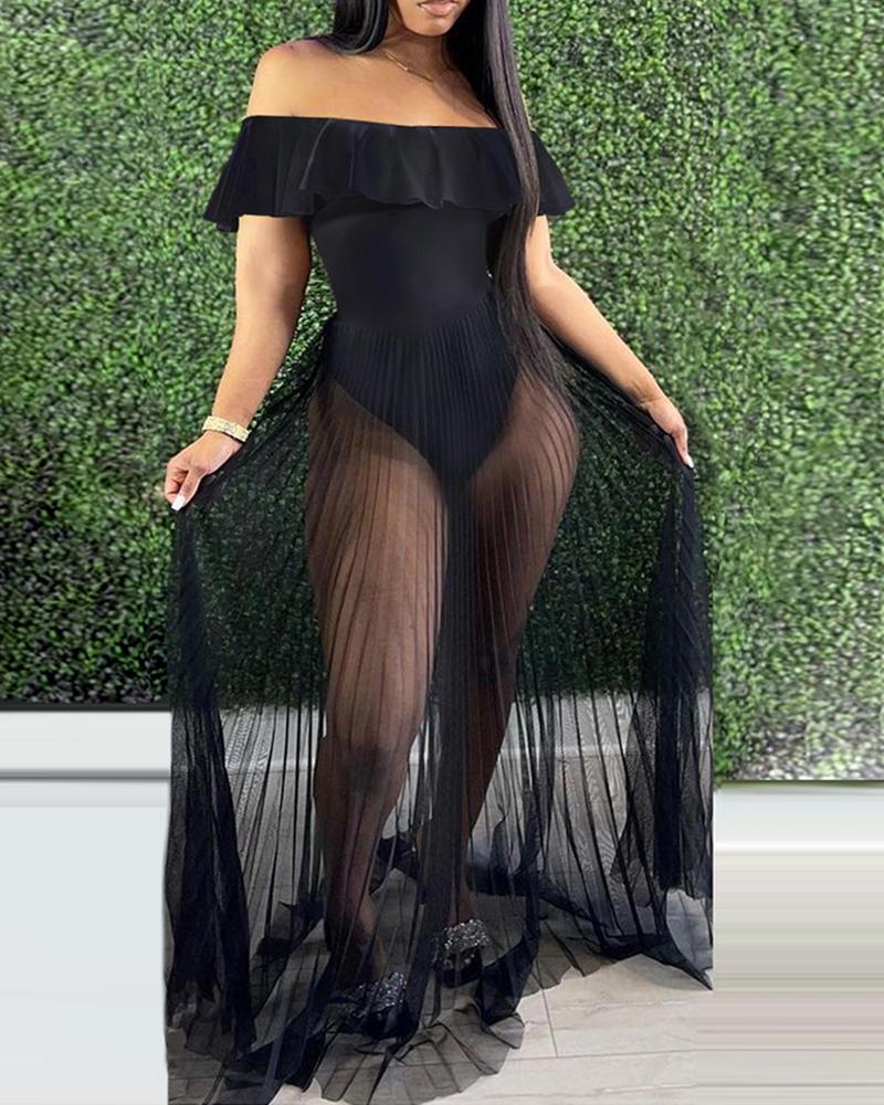 

Off Shoulder Ruffle Hem Sheer Mesh Maxi Dress, Black