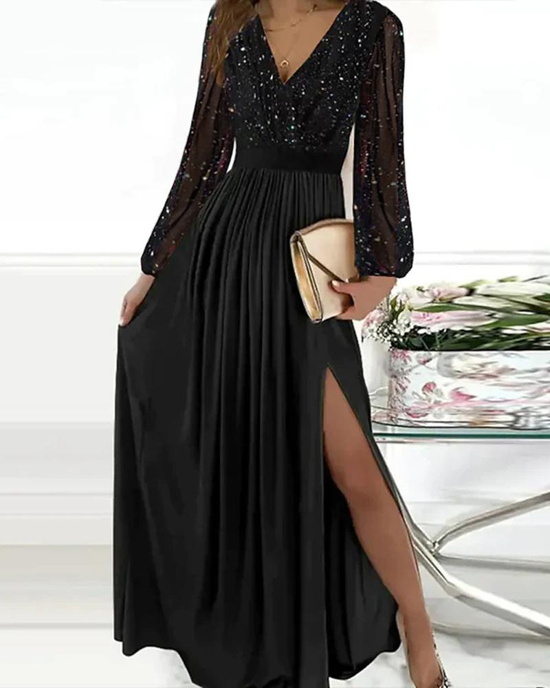 

Contrast Mesh Long Sleeve High Slit Party Dress, Black