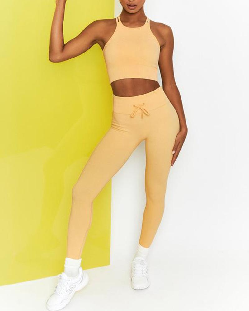 

Solid Color Seamless Sleeveless High Waist Skinny Sexy Active Sets, Yellow