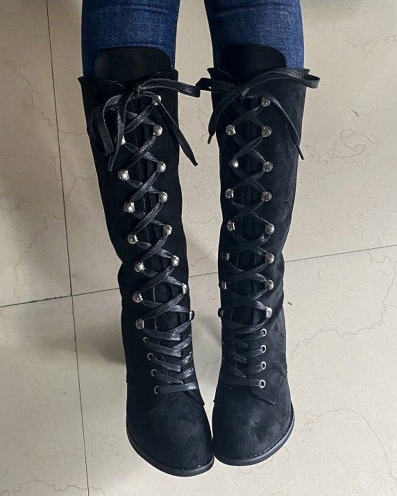 

Lace-up Chunky Heel Boots, Black