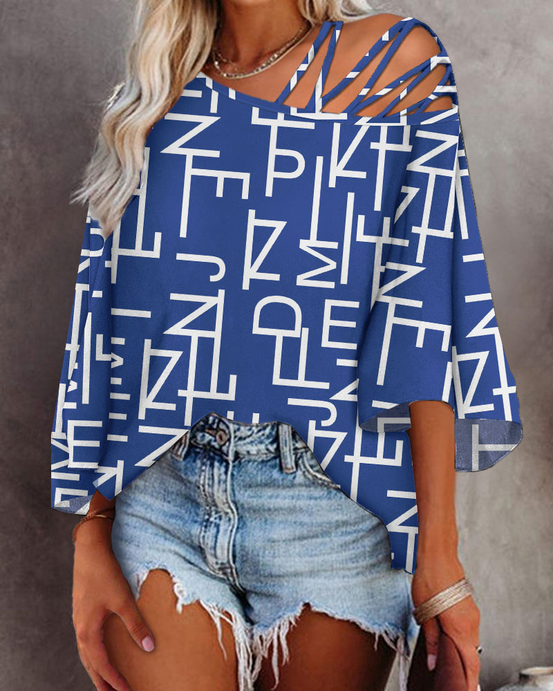 

Letter Print Cold Shoulder Bell Sleeve Top, Blue