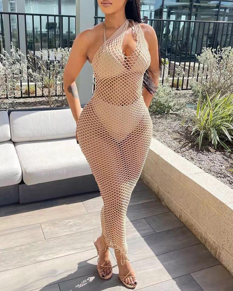 

Cutout One Shoulder Fishnet Cover Up Beach Dress, Khaki
