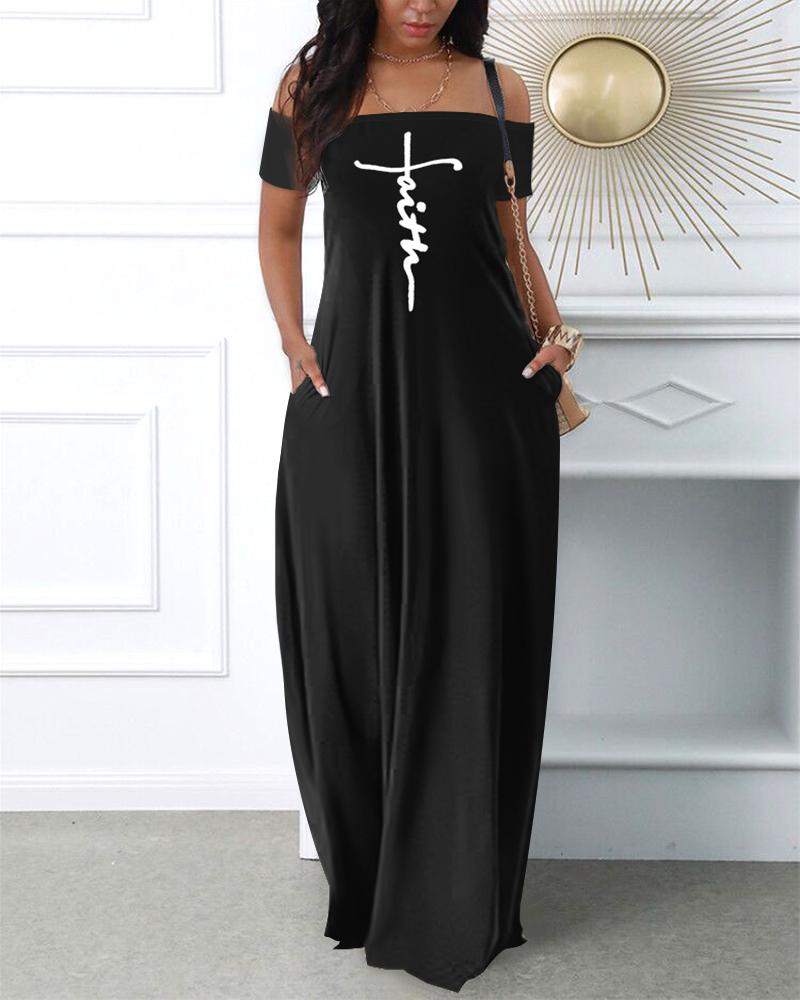 

Letter Print Off Shoulder Casual Dress, Black