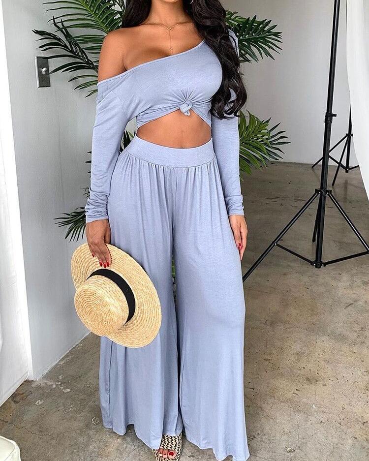 

Long Sleeve Top & Wide Leg Pants Set, Gray