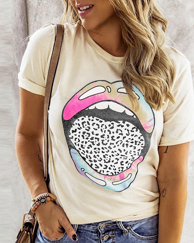 

Lip Print Round Neck Short Sleeve T-Shirt, Yellow