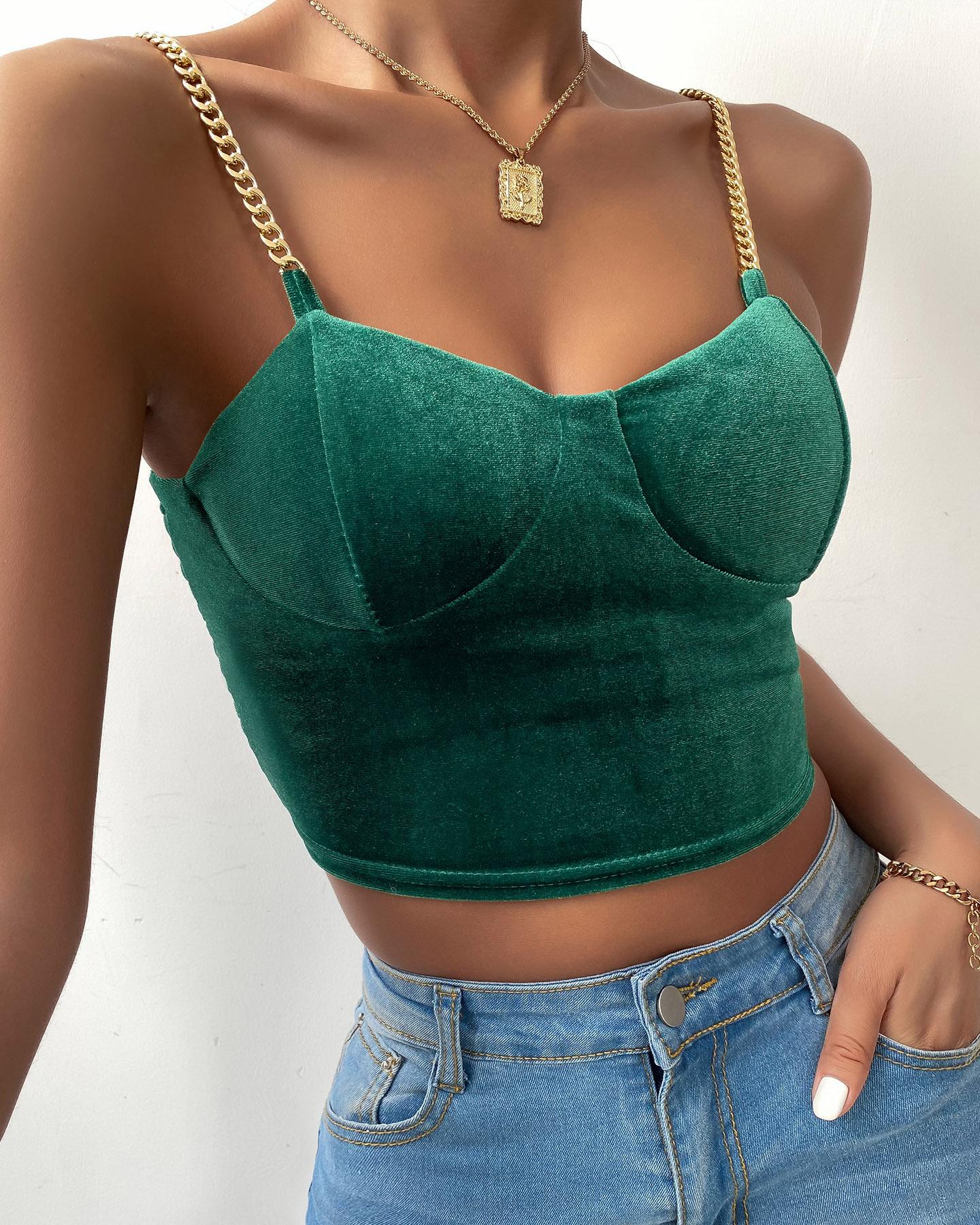 

Chain Strap V-Neck Velvet Crop Top, Army green