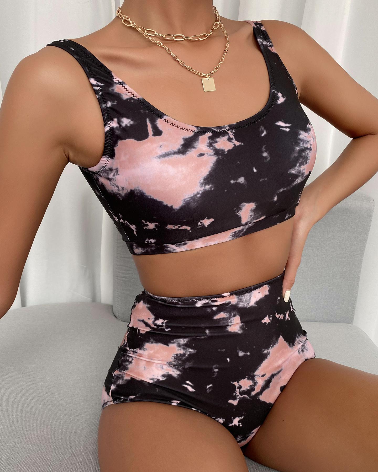 

High Waist Tie Dye Print Bikini Set, Black