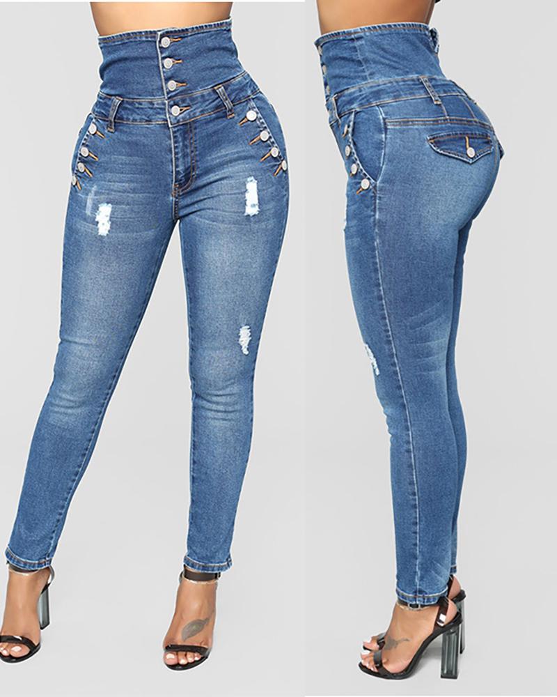 

Ripped Button Design High Waist Denim Pants, Blue