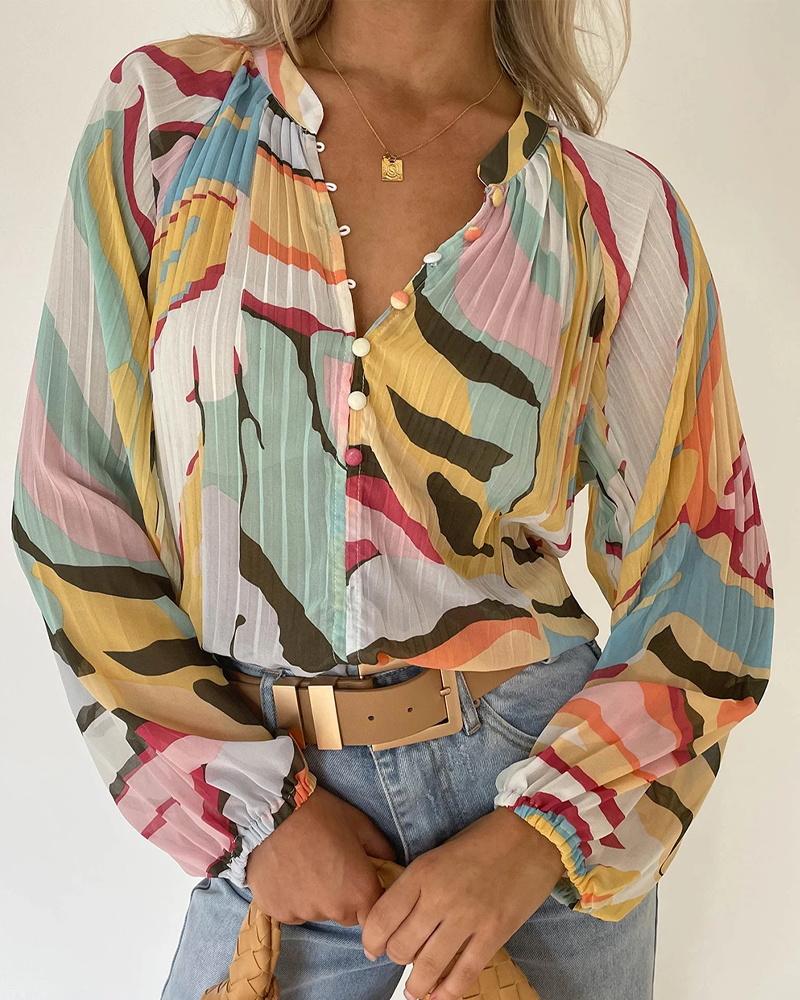 

Colorblock Lantern Sleeve Pleated Design Shirt, Multicolor