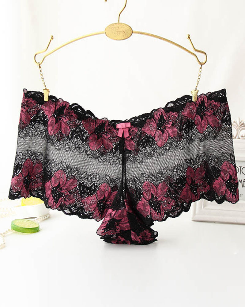 

Floral Pattern Lace Mesh Bowknot Detail Panty, Black