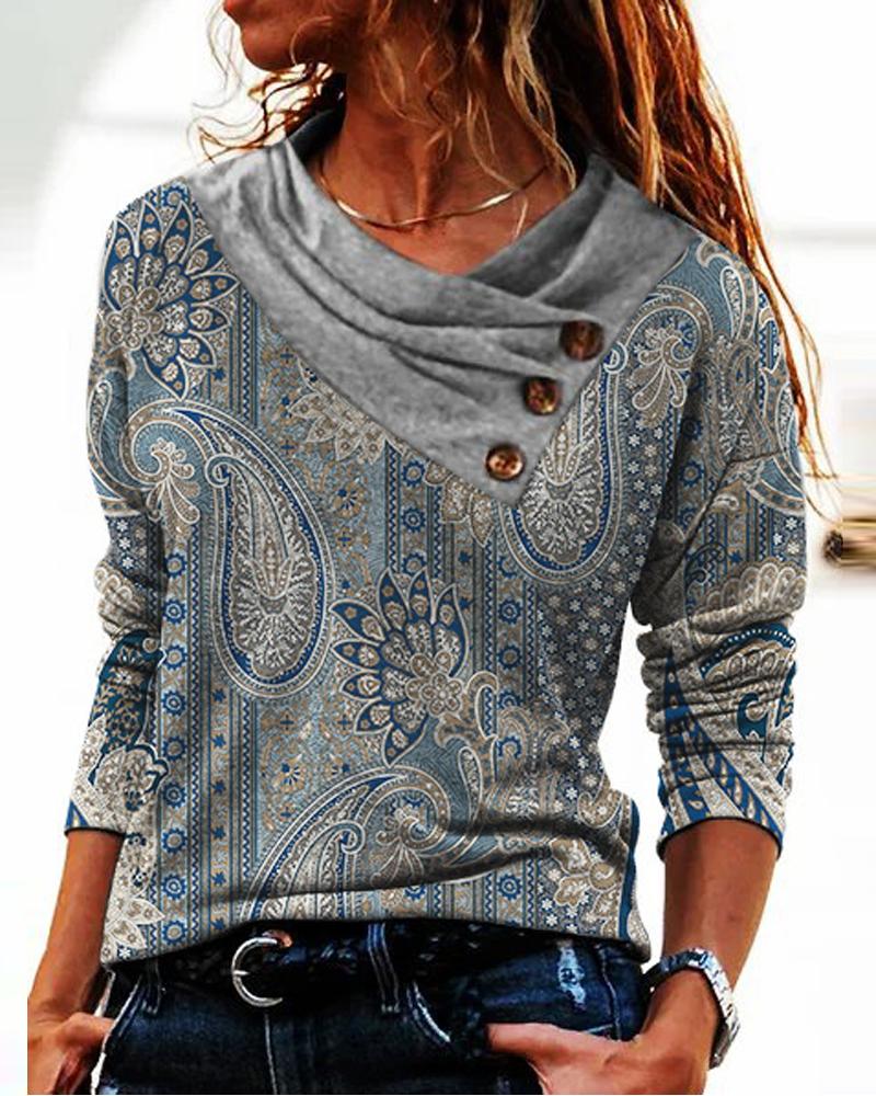 

Tribal Paisley Print Button Detail Long Sleeve Top, Gray