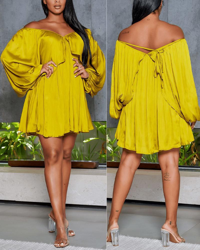 

Off Shoulder Lantern Sleeve Swing Dress, Yellow