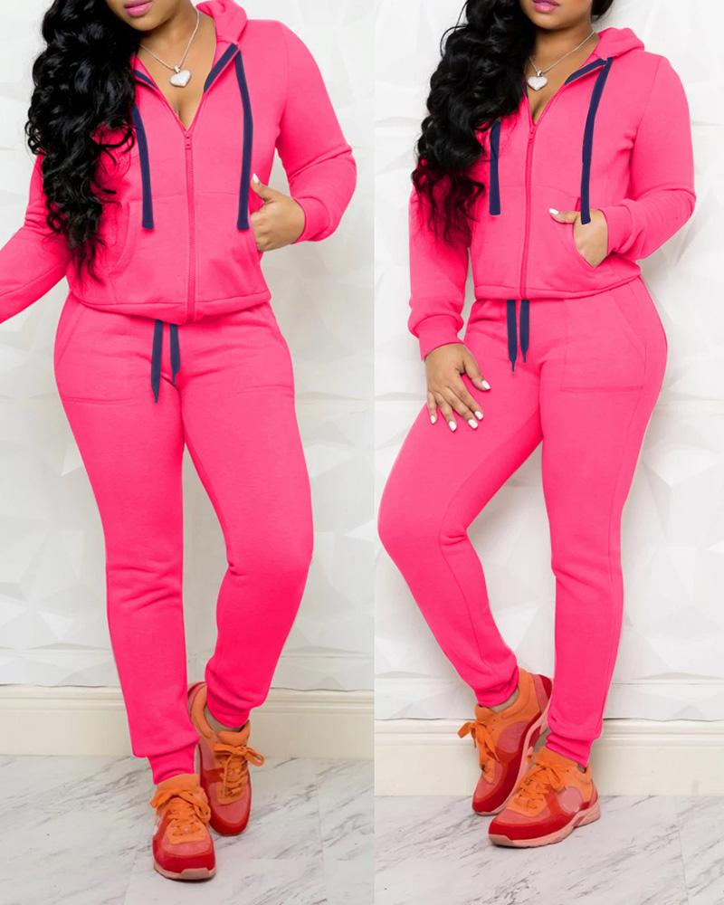 

Zipper Design Colorblock Hooded Top & High Waist Pants Set, Pink
