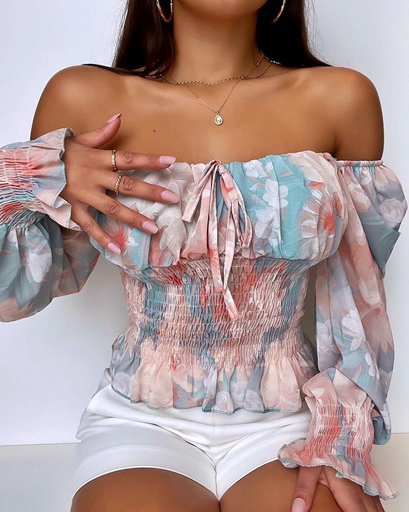 

Off Shoulder Floral Print Shirred Lantern Sleeve Top, Light blue