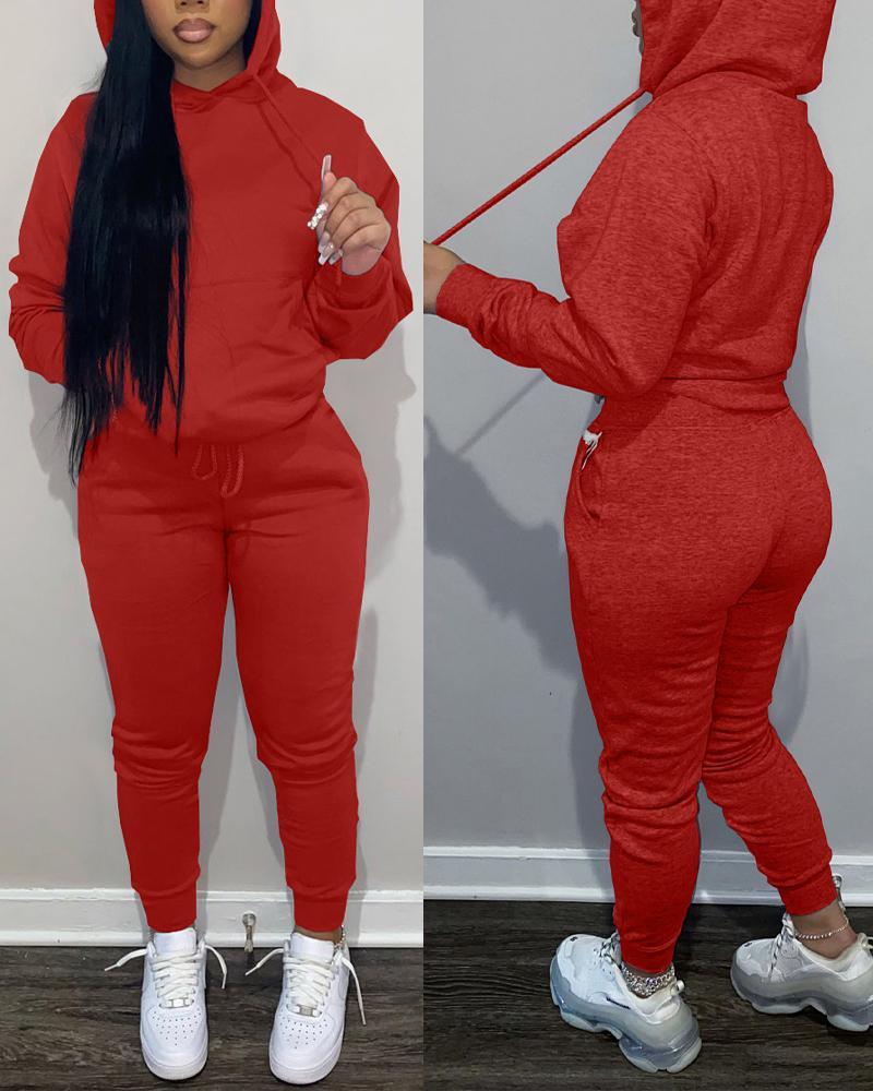 

Long Sleeve Casual Hoodie & Drawstring Pants Set, Red