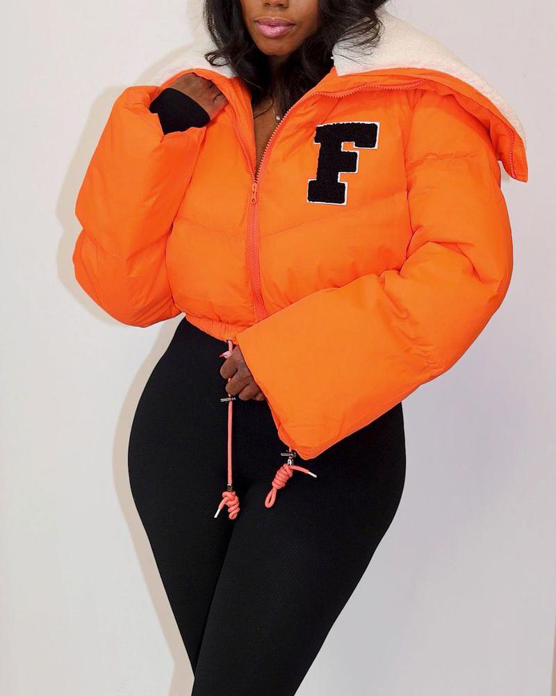 

Letter Embroidery Long Sleeve Zip Up Puffer Jacket, Orange