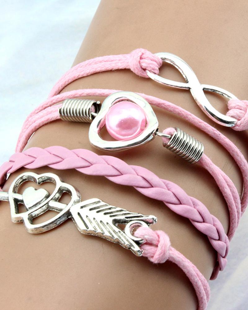 

1pc Double Heart Pearl Decor Multi-Layer Braided Leather Bracelet, Pink