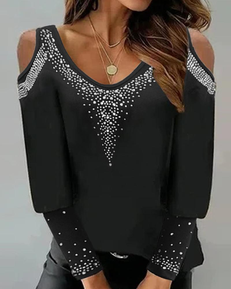 

Rhinestone Decor Cold Shoulder Top, Black