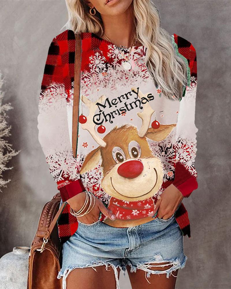 

Christmas Snowflake Elk Print Long Sleeve Top, Red