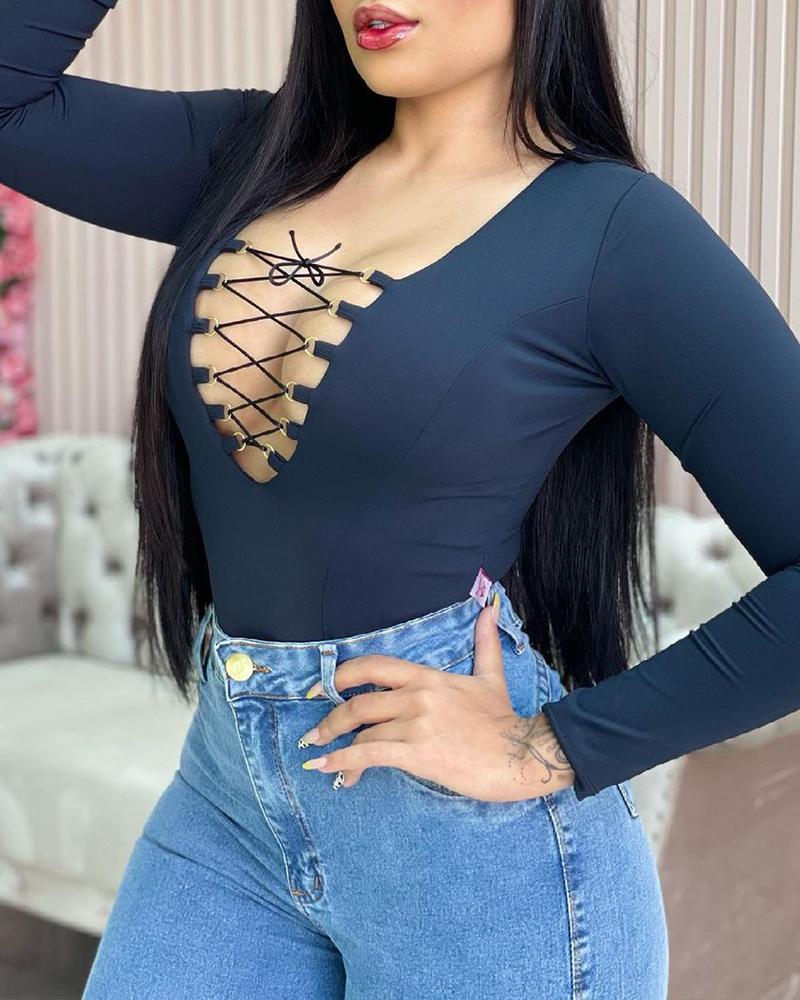 

Deep V Neck Lace-up Skinny Top, Purplish blue