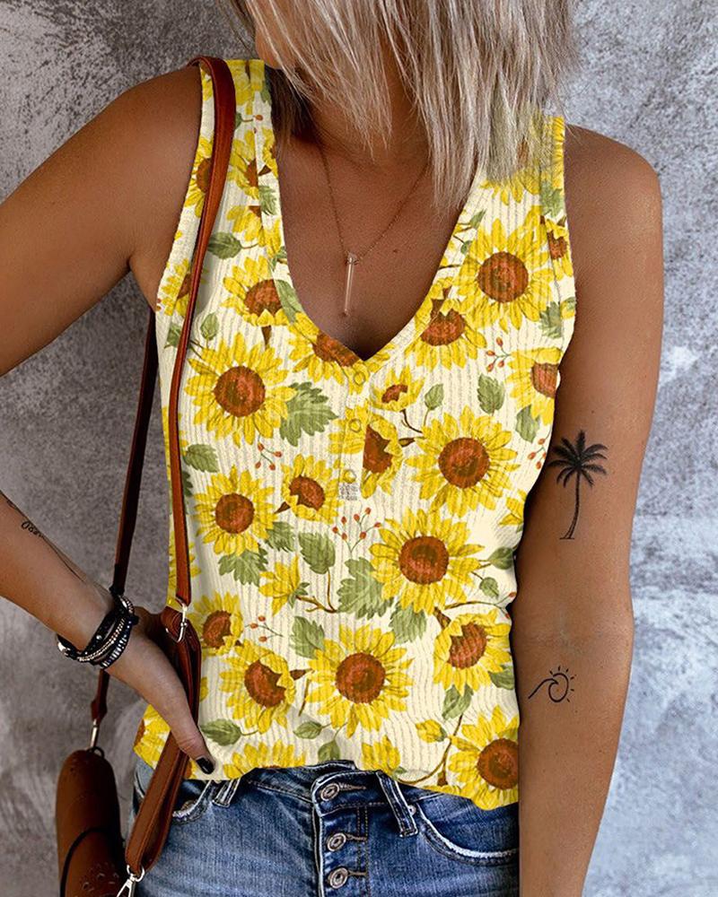 

Sunflower Print V-Neck Tank Top, Yellow