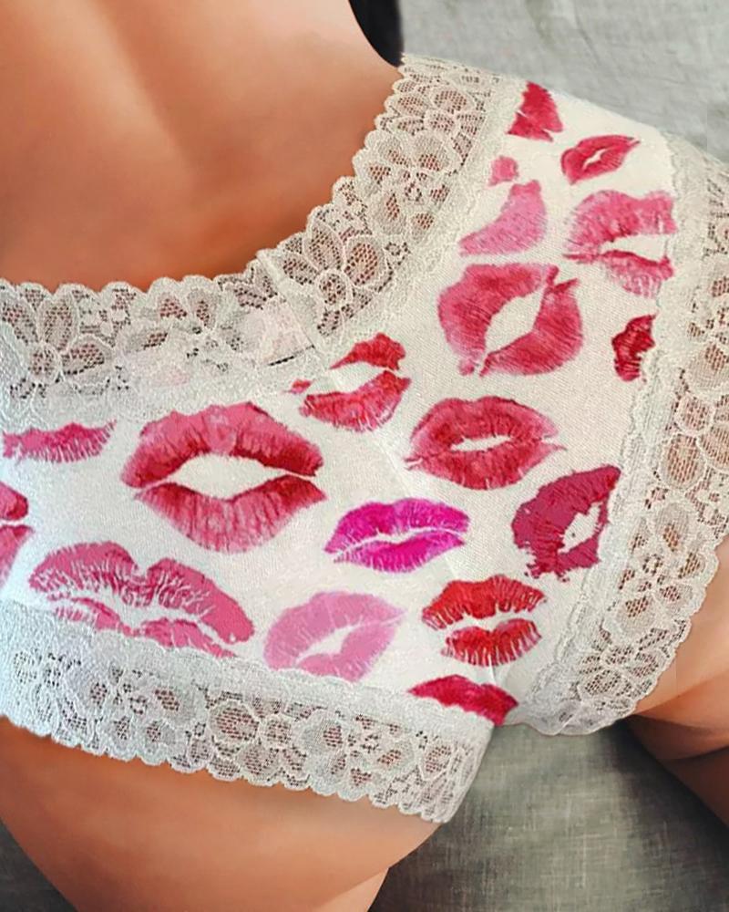 

Contrast Lace Lip Print Panty, Hot pink