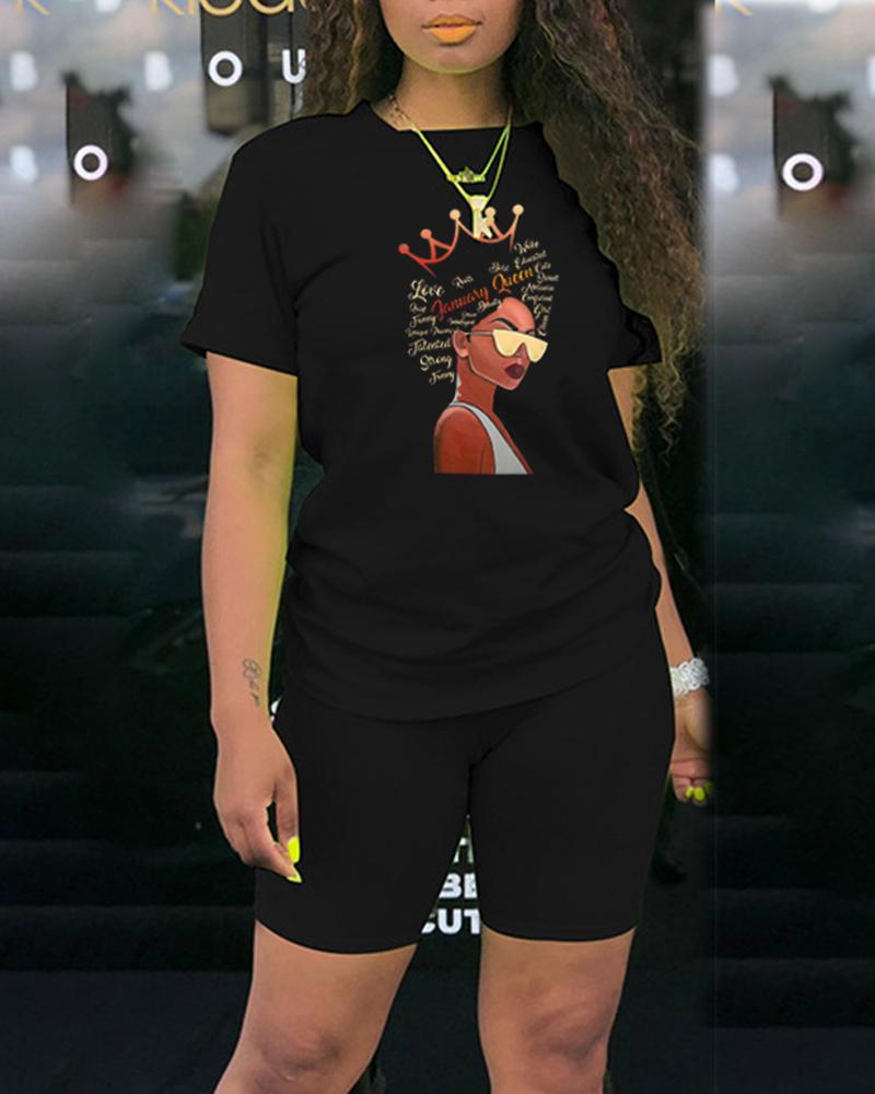 

Queen Print Short Sleeve T-shirt With Short Pants Suit Sets, Black