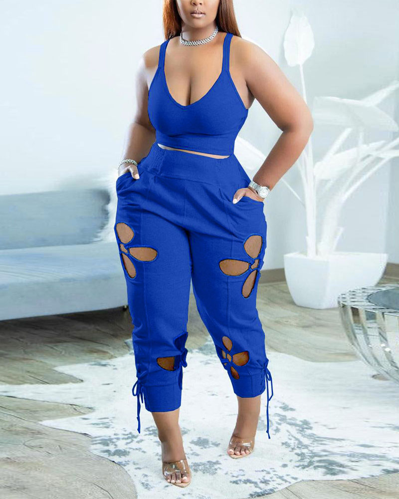 

Plus Size Crop Tank Top & Cutout Lace-up Pants Set, Blue