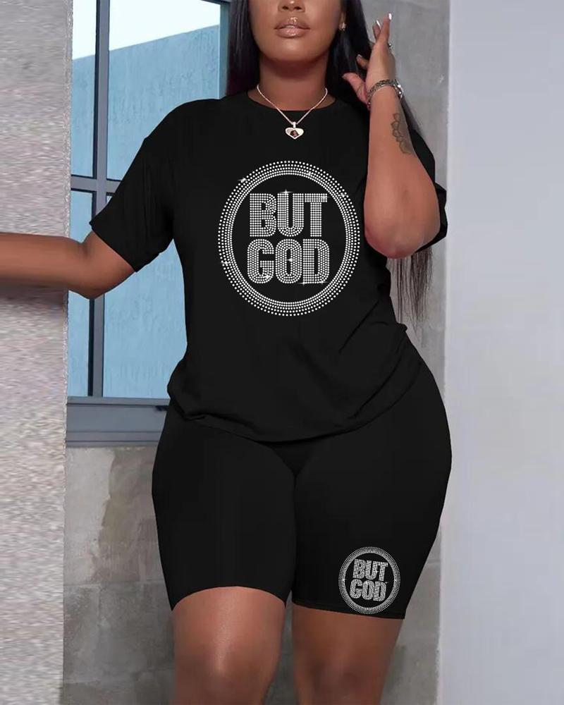 

Plus Size But God Rhinestone Casual Top & Shorts Set, Black