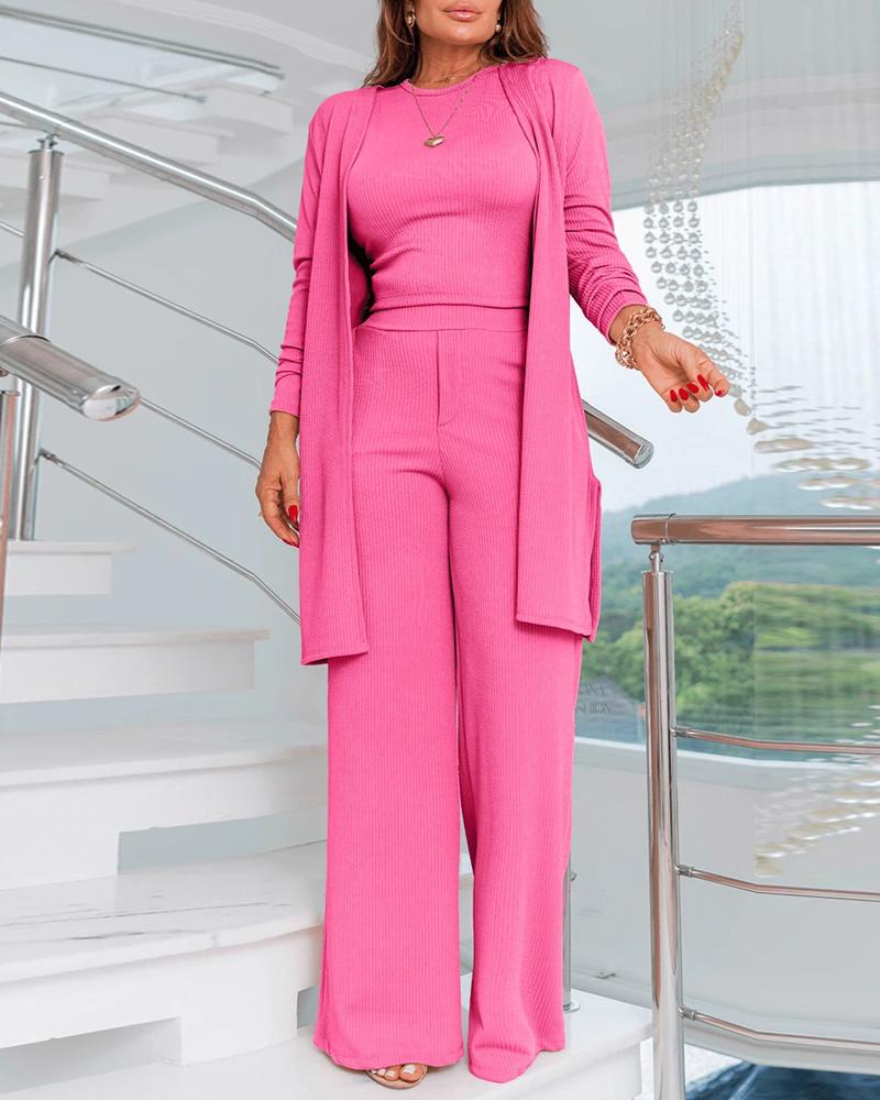 

Ensemble de costume décontracté en tricot 3 pièces à col rond et débardeur souple à jambe droite et manches longues avec fente latérale, Hot pink