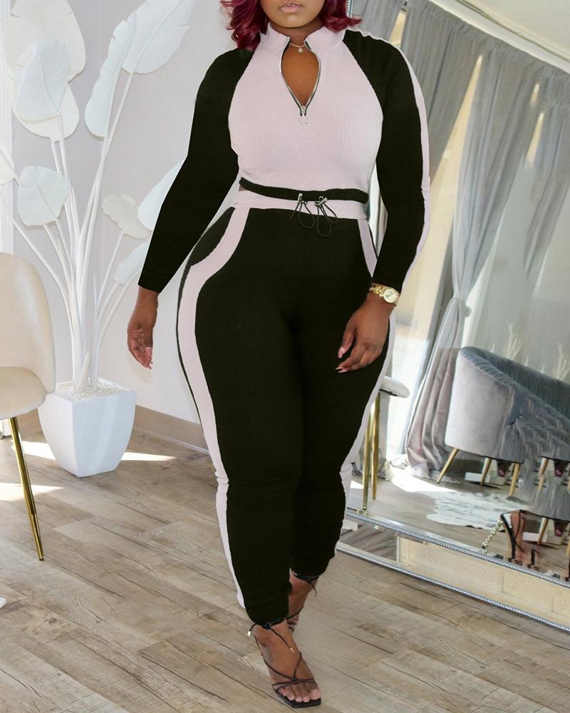 

Colorblock Zipper Design Drawstring Top & High Waist Pants Set, Black