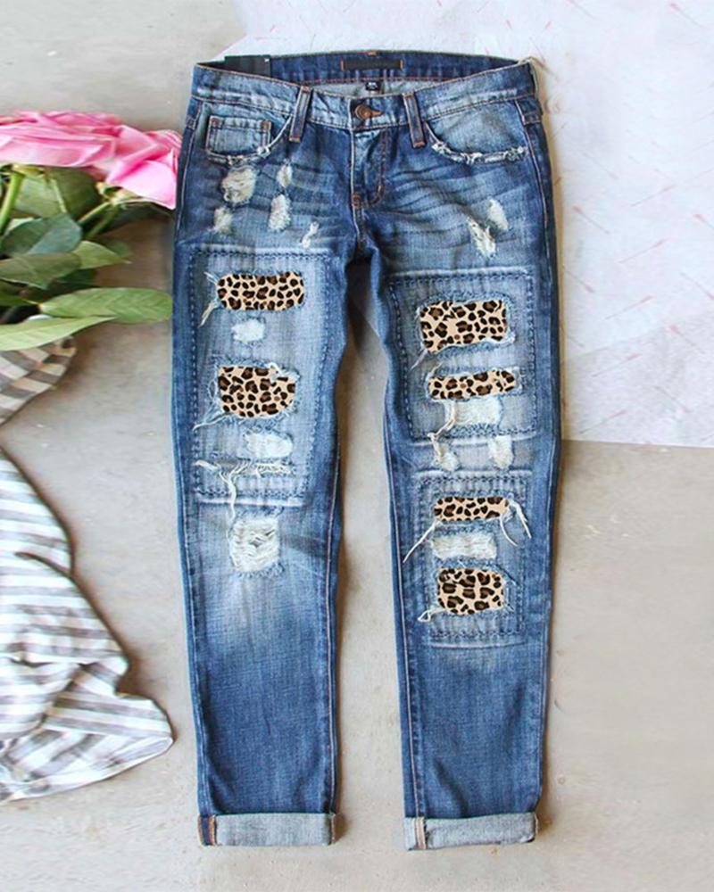 

Cheetah Pattern Ripped High Waist Jeans, Blue