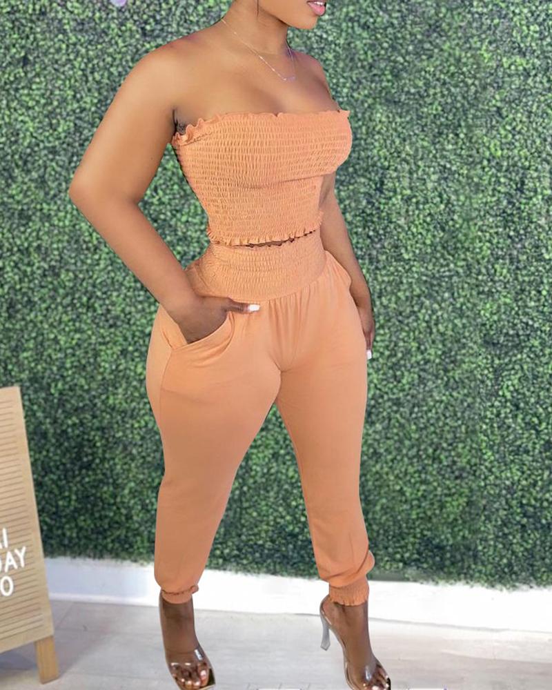 

Shirred Bandeau Top & Pocket Design Pants Set, Orange