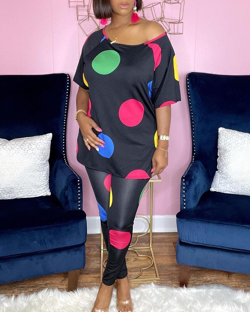 

Polka Dot Print Colorblock Slit Top & Pants Set, Multicolor
