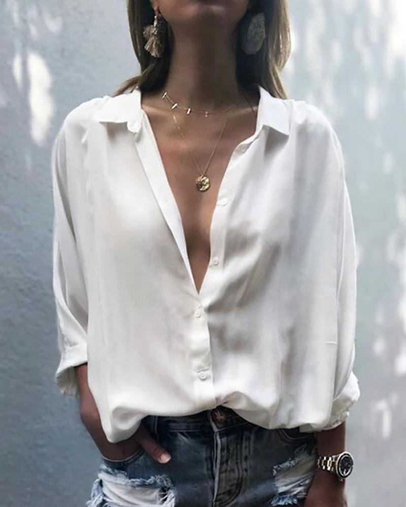

Deep V-Neck Button Up Shirt, White