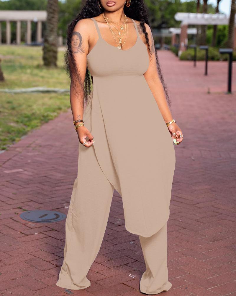 

Asymmetrical Hem Cami Top & Wide Leg Pants Set, Khaki