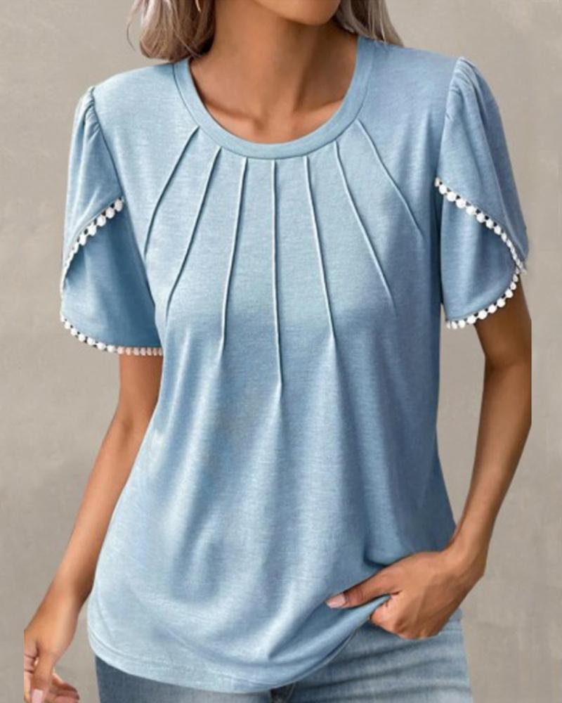 

Pom Pom Ruched Round Neck Top, Blue