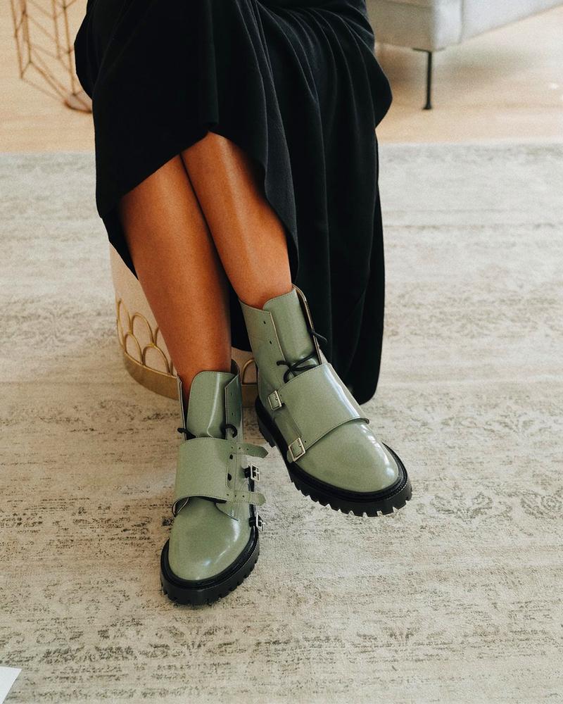 

Double Buckled Lace-up Flatform Boots, Green